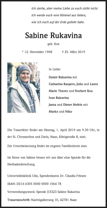 Anzeige von Sabine Rukavina von Kölner Stadt-Anzeiger / Kölnische Rundschau / Express