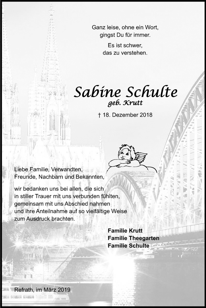  Traueranzeige für Sabine Schulte vom 23.03.2019 aus Kölner Stadt-Anzeiger / Kölnische Rundschau / Express