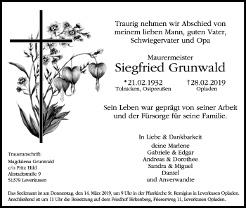 Anzeige von Siegfried Grunwald von Kölner Stadt-Anzeiger / Kölnische Rundschau / Express