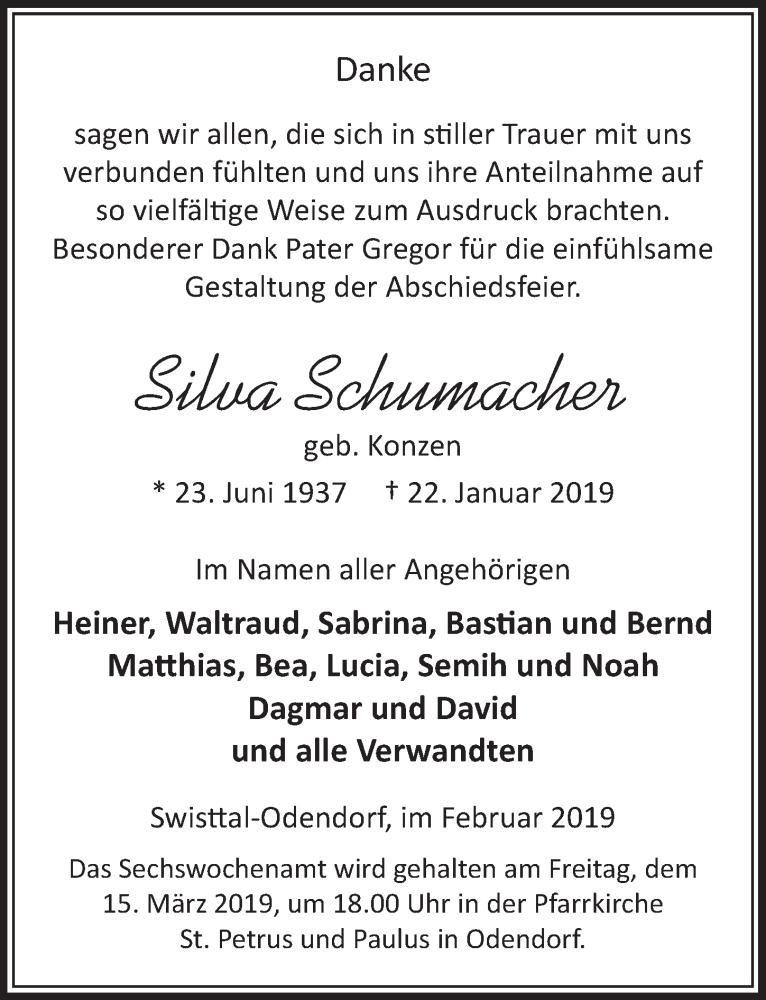  Traueranzeige für Silva Schumacher vom 09.03.2019 aus  Schaufenster/Blickpunkt am Wochenende 