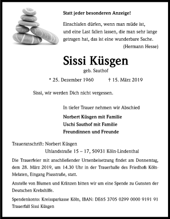 Anzeige von Sissi Küsgen von Kölner Stadt-Anzeiger / Kölnische Rundschau / Express