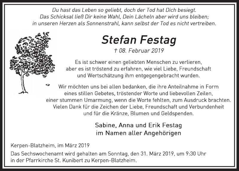  Traueranzeige für Stefan Festag vom 23.03.2019 aus  Sonntags-Post 