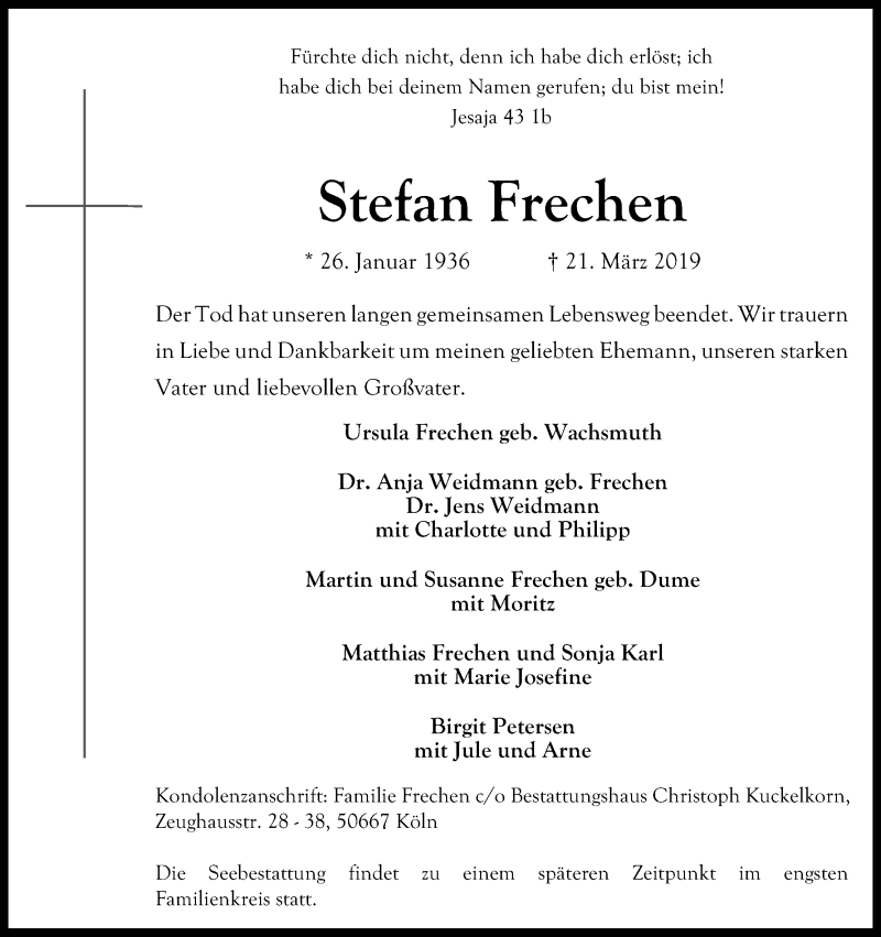  Traueranzeige für Stefan Frechen vom 30.03.2019 aus Kölner Stadt-Anzeiger / Kölnische Rundschau / Express