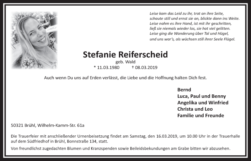  Traueranzeige für Stefanie Wald vom 13.03.2019 aus  Schlossbote/Werbekurier 