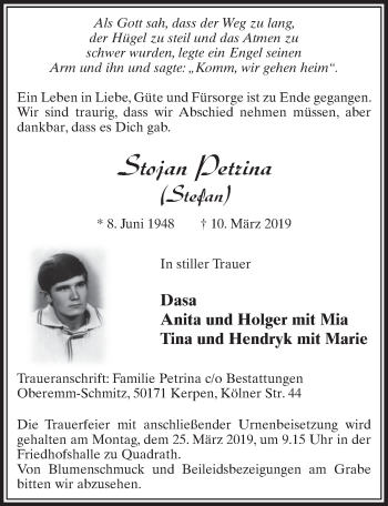 Anzeige von Stojan Petrina von  Sonntags-Post 
