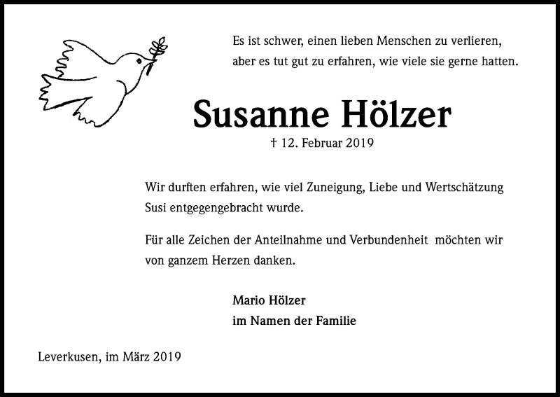  Traueranzeige für Susanne Hölzer vom 26.03.2019 aus Kölner Stadt-Anzeiger / Kölnische Rundschau / Express
