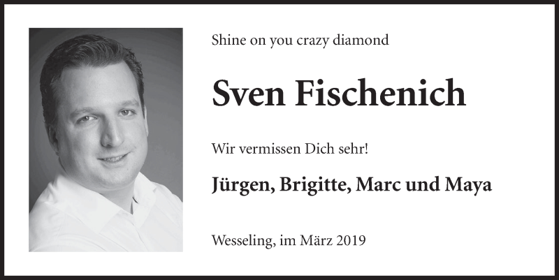 Traueranzeige für Sven Fischenich vom 20.03.2019 aus  Schlossbote/Werbekurier 