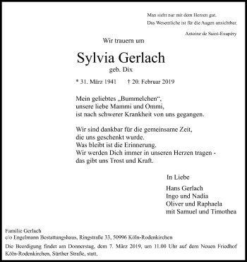 Anzeige von Sylvia Gerlach von Kölner Stadt-Anzeiger / Kölnische Rundschau / Express