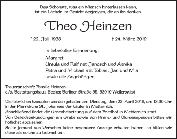 Anzeige von Theo Heinzen von  Blickpunkt Euskirchen 