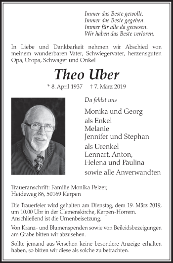 Anzeige von Theo Uber von  Sonntags-Post 