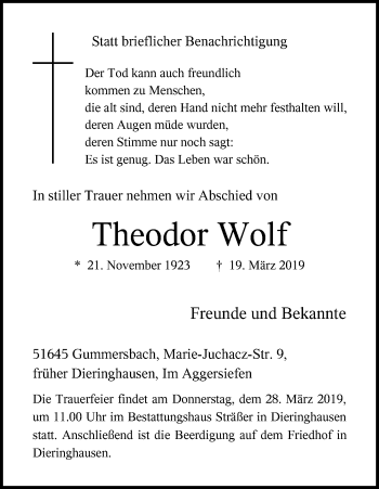 Anzeige von Theodor Wolf von Kölner Stadt-Anzeiger / Kölnische Rundschau / Express