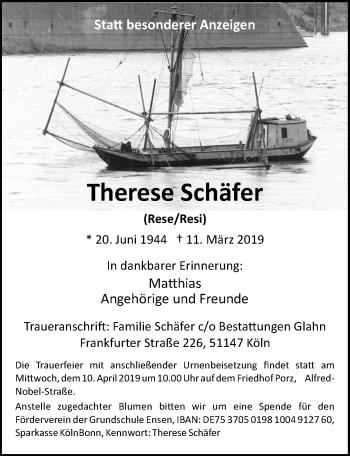 Anzeige von Therese Schäfer von  Kölner Wochenspiegel 