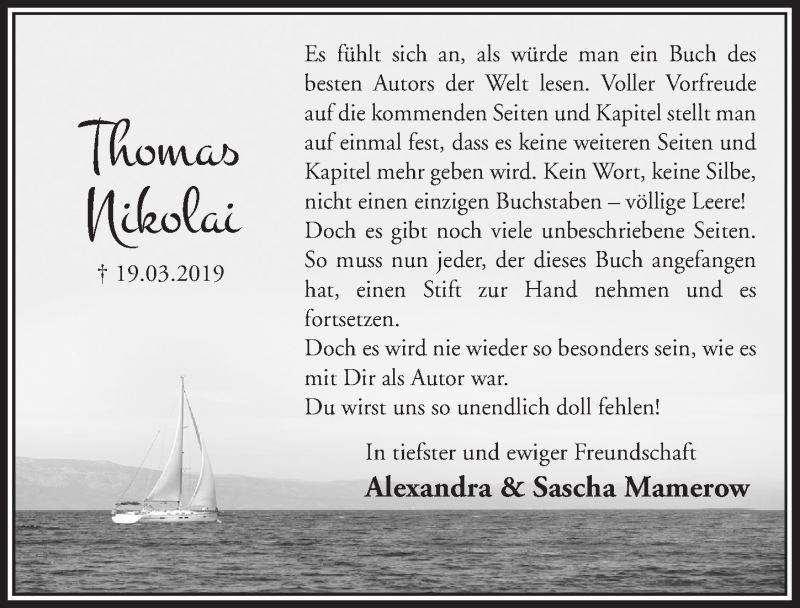  Traueranzeige für Thomas Nikolai vom 27.03.2019 aus  Anzeigen Echo 