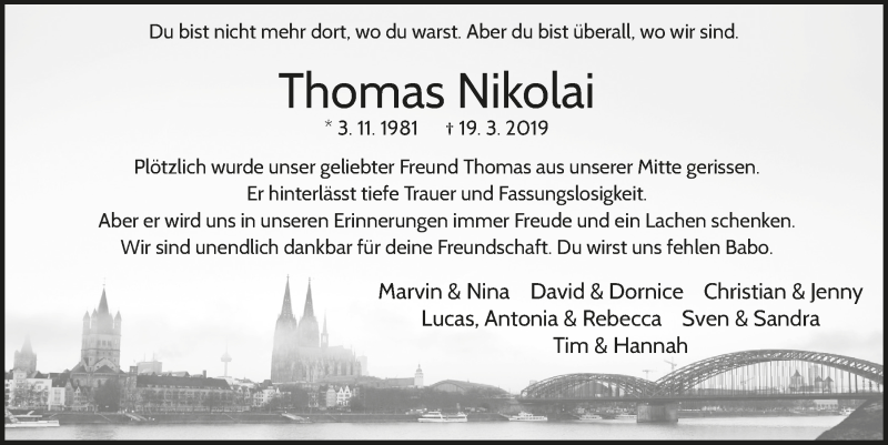  Traueranzeige für Thomas Nikolai vom 27.03.2019 aus  Anzeigen Echo 