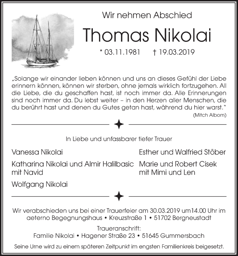  Traueranzeige für Thomas Nikolai vom 27.03.2019 aus  Anzeigen Echo 