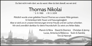 Anzeige von Thomas Nikolai von  Anzeigen Echo 