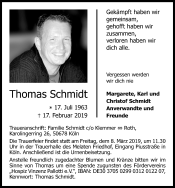 Anzeige von Thomas Schmidt von Kölner Stadt-Anzeiger / Kölnische Rundschau / Express