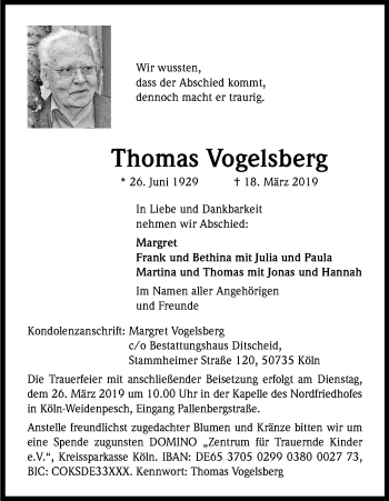 Anzeige von Thomas Vogelsberg von Kölner Stadt-Anzeiger / Kölnische Rundschau / Express