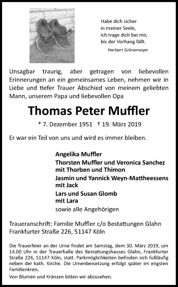 Anzeige von Thomas Peter Muffler von Kölner Stadt-Anzeiger / Kölnische Rundschau / Express
