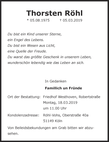 Anzeige von Thorsten Röhl von  Kölner Wochenspiegel 