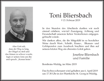 Anzeige von Toni Bliersbach von  Schaufenster/Blickpunkt  Schlossbote/Werbekurier 