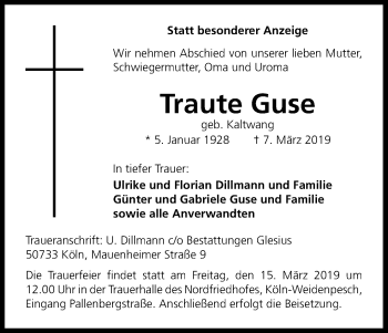 Anzeige von Traute Guse von Kölner Stadt-Anzeiger / Kölnische Rundschau / Express