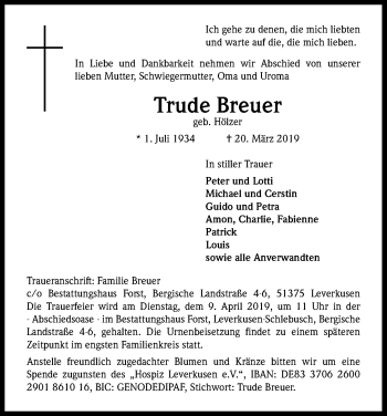 Anzeige von Trude Breuer von Kölner Stadt-Anzeiger / Kölnische Rundschau / Express