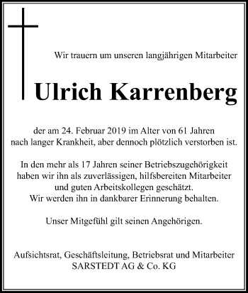 Anzeige von Ulrich Karrenberg von Kölner Stadt-Anzeiger / Kölnische Rundschau / Express