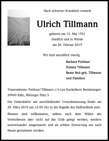 Anzeige von Ulrich Tillmann von Kölner Stadt-Anzeiger / Kölnische Rundschau / Express