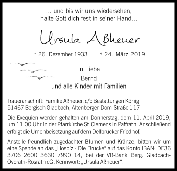 Anzeige von Ursula Aßheuer von Kölner Stadt-Anzeiger / Kölnische Rundschau / Express