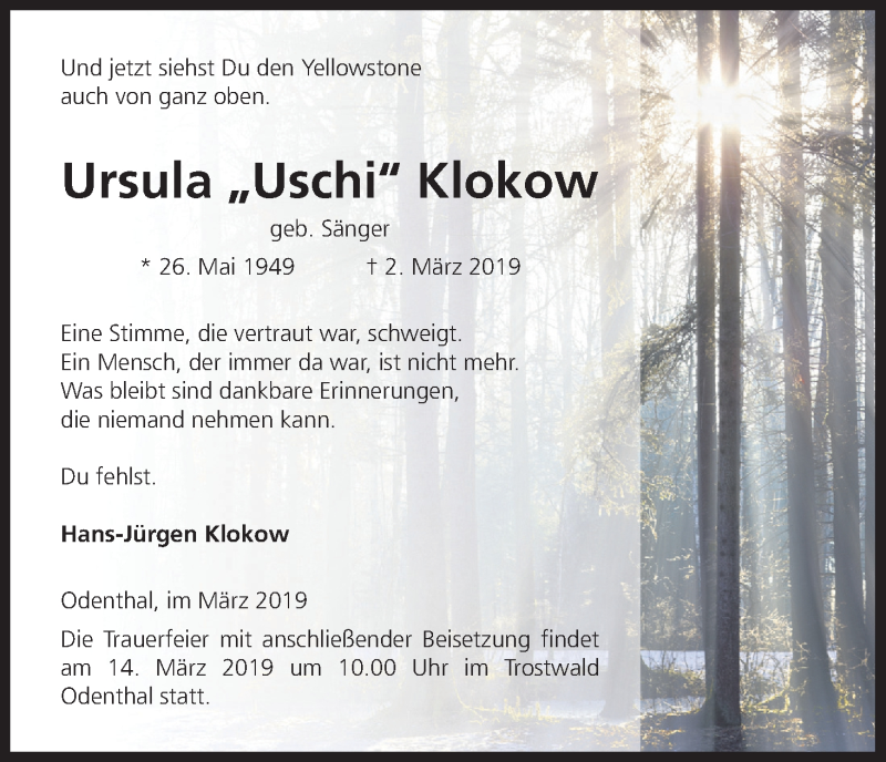  Traueranzeige für Ursula Klokow vom 13.03.2019 aus Kölner Stadt-Anzeiger / Kölnische Rundschau / Express
