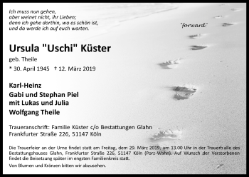 Anzeige von Ursula Küster von Kölner Stadt-Anzeiger / Kölnische Rundschau / Express