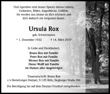 Anzeige von Ursula Rox von Kölner Stadt-Anzeiger / Kölnische Rundschau / Express