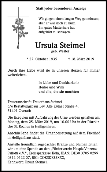 Anzeige von Ursula Steimel von Kölner Stadt-Anzeiger / Kölnische Rundschau / Express