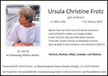 Anzeige von Ursula Christine Frotz von Kölner Stadt-Anzeiger / Kölnische Rundschau / Express