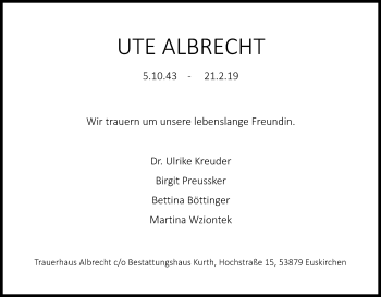 Anzeige von Ute Albrecht von Kölner Stadt-Anzeiger / Kölnische Rundschau / Express
