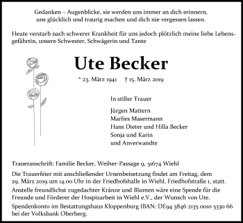 Anzeige von Ute Becker von Kölner Stadt-Anzeiger / Kölnische Rundschau / Express