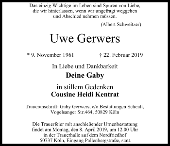 Anzeige von Uwe Gerwers von Kölner Stadt-Anzeiger / Kölnische Rundschau / Express
