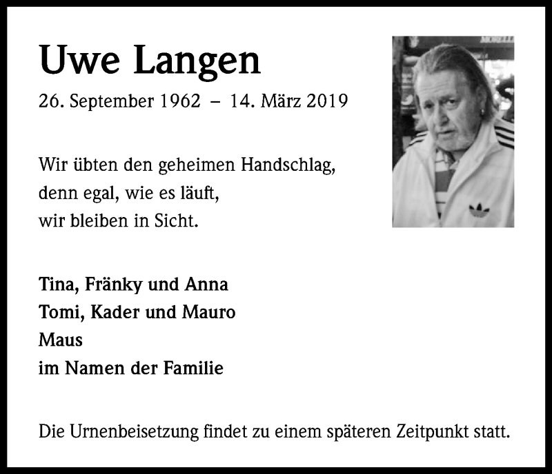  Traueranzeige für Uwe Langen vom 23.03.2019 aus Kölner Stadt-Anzeiger / Kölnische Rundschau / Express