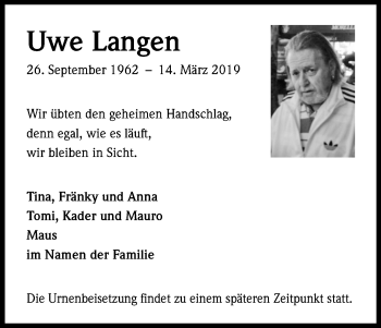 Anzeige von Uwe Langen von Kölner Stadt-Anzeiger / Kölnische Rundschau / Express