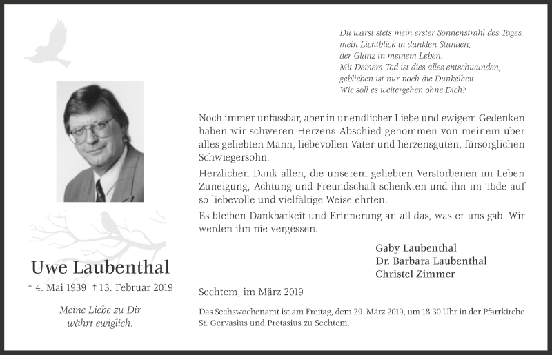  Traueranzeige für Uwe Laubenthal vom 27.03.2019 aus  Schlossbote/Werbekurier 