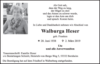 Anzeige von Walburga Heser von  Schlossbote/Werbekurier 