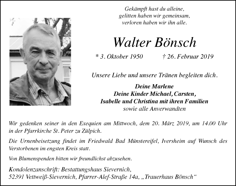  Traueranzeige für Walter Bönsch vom 09.03.2019 aus  Blickpunkt Euskirchen 
