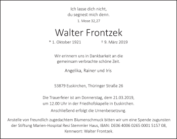 Anzeige von Walter Frontzek von  Blickpunkt Euskirchen 