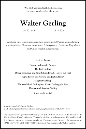 Anzeige von Walter Gerling von Kölner Stadt-Anzeiger / Kölnische Rundschau / Express