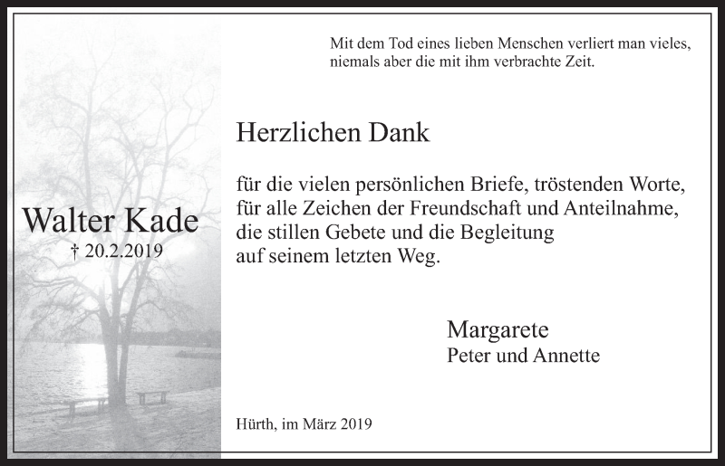  Traueranzeige für Walter Kade vom 27.03.2019 aus  Wochenende 