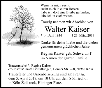 Anzeige von Walter Kaiser von Kölner Stadt-Anzeiger / Kölnische Rundschau / Express