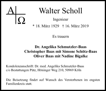 Anzeige von Walter Scholl von Kölner Stadt-Anzeiger / Kölnische Rundschau / Express