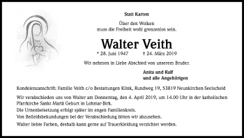 Anzeige von Walter Veith von Kölner Stadt-Anzeiger / Kölnische Rundschau / Express