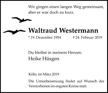 Anzeige von Waltraud Westermann von Kölner Stadt-Anzeiger / Kölnische Rundschau / Express